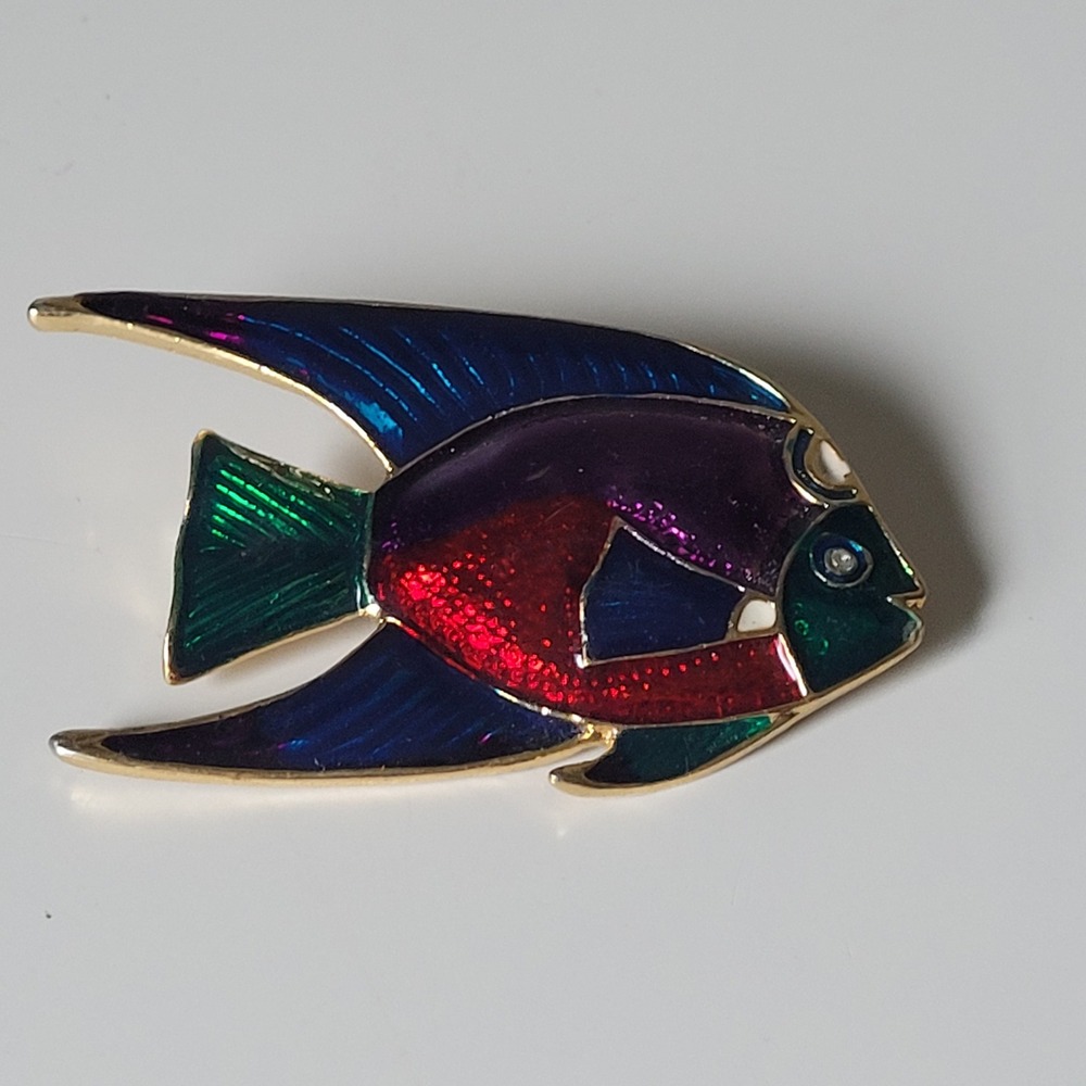 Vintage Enamel Angelfish Brooch Gold Tone Tropical Fish Pin Multicolor Nautical